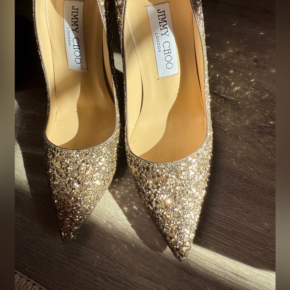 Jimmy Choo Classic Sparkling Glitter Gold Abel Heels - Picture 10 of 12